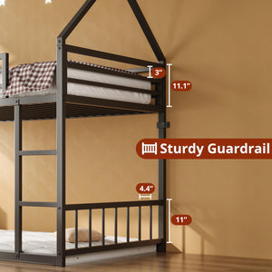 Twin Over Twin House Bunk Bed with Metal Frame, Ladder & Guardrail