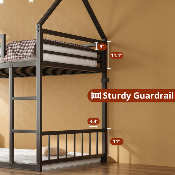 Twin Over Twin House Bunk Bed with Metal Frame, Ladder & Guardrail