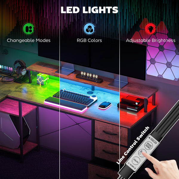 L-Shaped Computer Desk with File Cabinet, Power Outlets & LED Lights