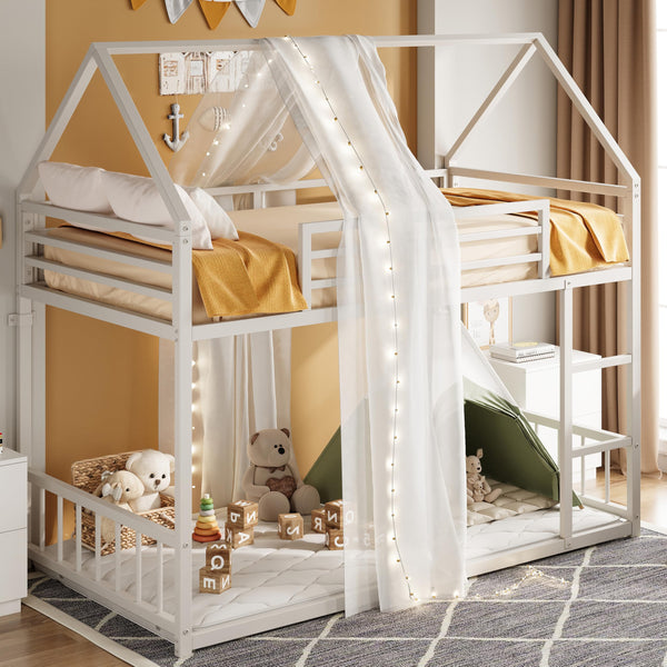 Twin Over Twin House Bunk Bed with Metal Frame, Ladder & Guardrail