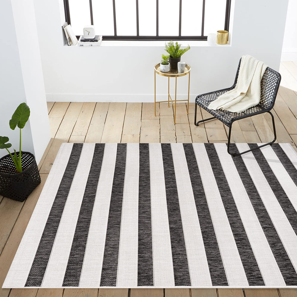 Indoor Outdoor Striped Area Rug 8x10 – Low Pile, Pet-Friendly, UV-Resistant