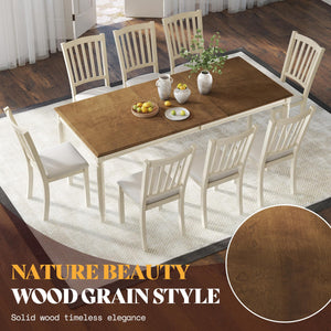 Farmhouse Solid Wood Dining Table Set with 8 Upholstered Chairs