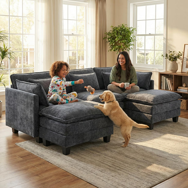U-Shaped Modular Sectional Sofa with Ottomans & Throw Pillows