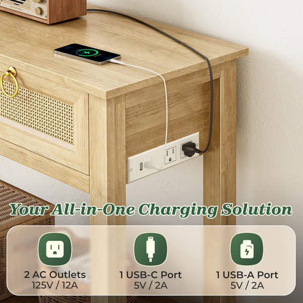 Rattan Console Table with Charging Station & 3 Drawers
