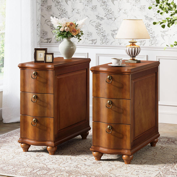 Walnut Brown 3-Drawer End Table with Solid Wood Legs