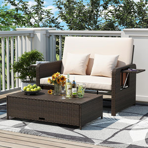 Outdoor Rattan Daybed with Storage Ottoman & Adjustable Backrest