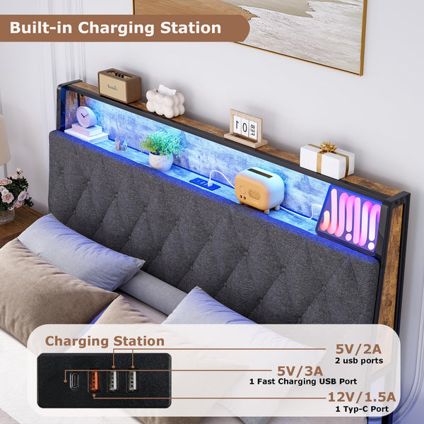 Queen Size Upholstered Bed Frame with LED Lights & Storage Headboard