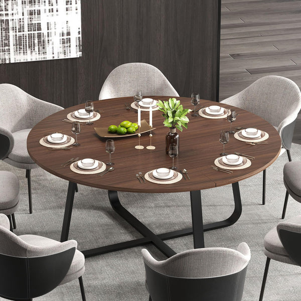 LVB 60-Inch Round Dining Table, Modern Wood Metal Kitchen Tables, Industrial Large Dinner Room Table for 6 to 8, Circle Dining Room Tables for Home Kitchen Living Room, Walnut