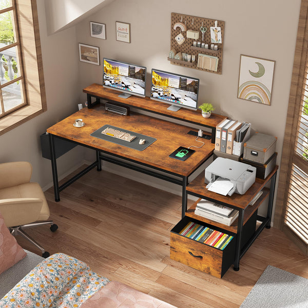57" Computer Desk with Monitor Stand, Charging Station & File Cabinet