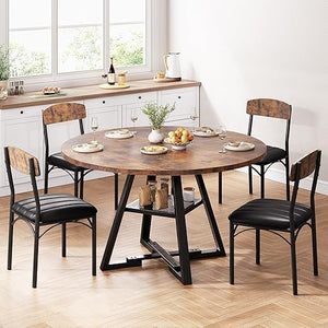 Round Dining Table Set for 4 – 47" 5-Piece with Storage Shelf