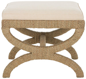 Woven Seagrass Ottoman with Mahogany Wood Frame