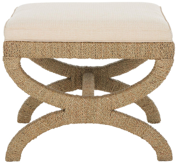 Woven Seagrass Ottoman with Mahogany Wood Frame
