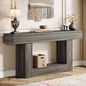 63-Inch Farmhouse Console Table with U-Shaped Base & Lower Shelf