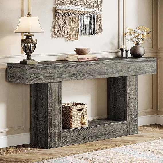 63-Inch Farmhouse Console Table with U-Shaped Base & Lower Shelf