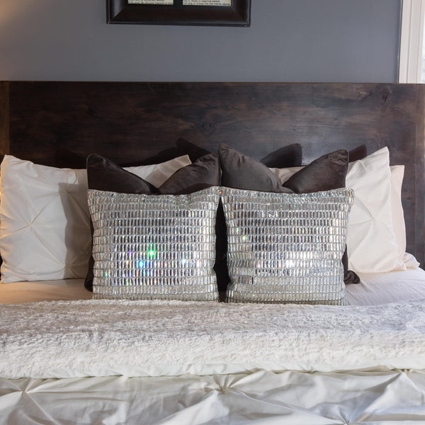 Silver Velvet Throw Pillow with Glass Rhinestones 16x16