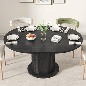 Adjustable Round Dining Table with Wood Strip Base