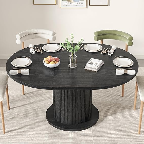 Adjustable Round Dining Table with Wood Strip Base