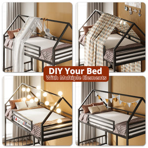 Twin Over Twin House Bunk Bed with Metal Frame, Ladder & Guardrail