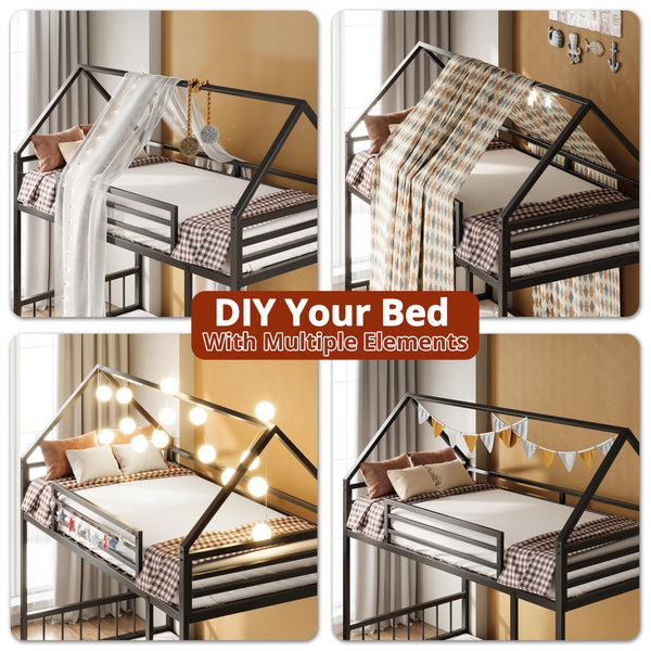 Twin Over Twin House Bunk Bed with Metal Frame, Ladder & Guardrail
