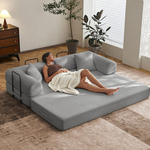 SAVENICA 79" Convertible Floor Sofa Bed, 5-in-1 Modular Sleeper with Removable Parts, No Assembly Corduroy Futon from Sofa to Oversized Bed, Non-Slip Base for Living Room, Dorm (Light Gray)