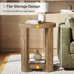 2-Tier Round Side End Table with Storage Shelves