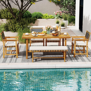 6-Piece Acacia Wood Outdoor Dining Set with Umbrella Hole, Bench & 4 Cushioned Armchairs