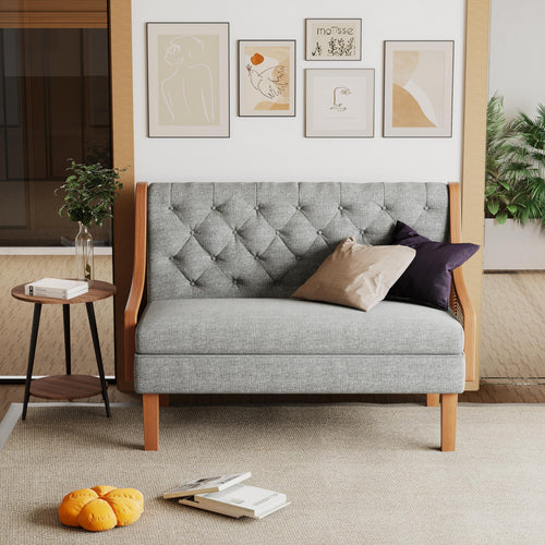 Rattan Arm Loveseat Settee – Upholstered Mid-Century Modern Bench Sofa