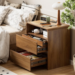 Walnut Nightstand Set of 2 with Hidden Drawers & Charging Station