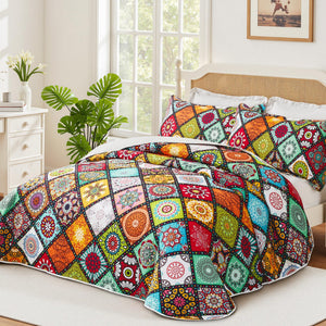 Boho Patchwork Quilt Set – Lightweight Microfiber Bedspread Coverlet