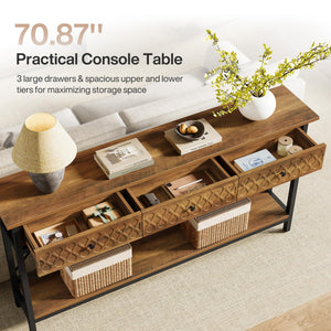 70.86" Industrial Console Table with 3 Drawers & Open Shelf