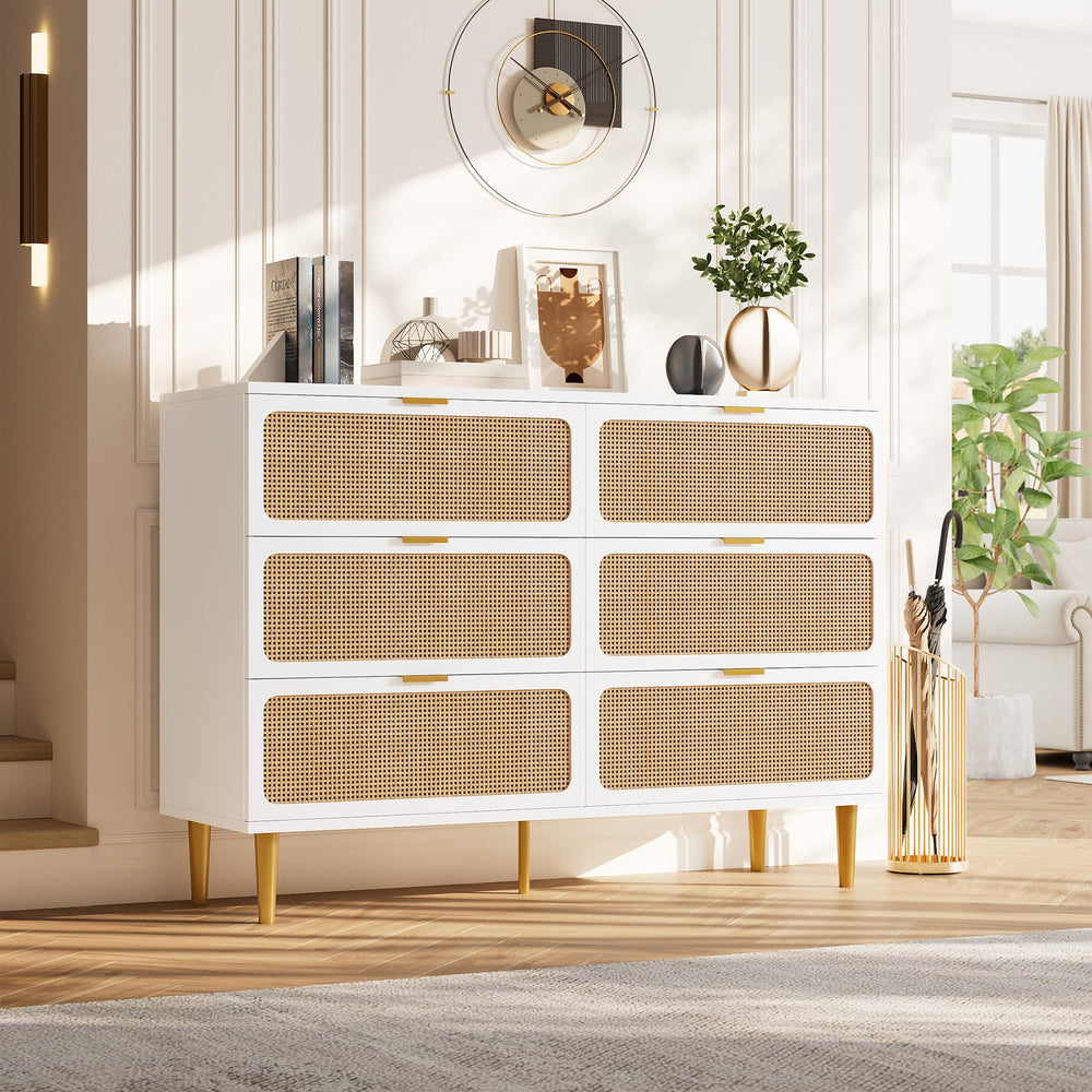Rattan 6-Drawer Dresser – Boho Farmhouse Chest of Drawers