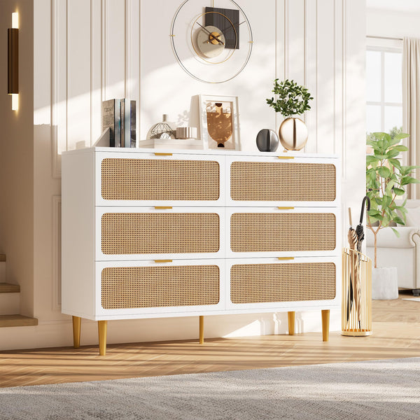 Rattan 6-Drawer Dresser – Boho Farmhouse Chest of Drawers