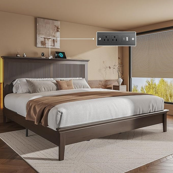 Solid Wood Bed Frame with Tall Headboard, Charging Station & RGB LED