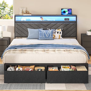 LED Storage Platform Bed with Charging Station & Upholstered Headboard