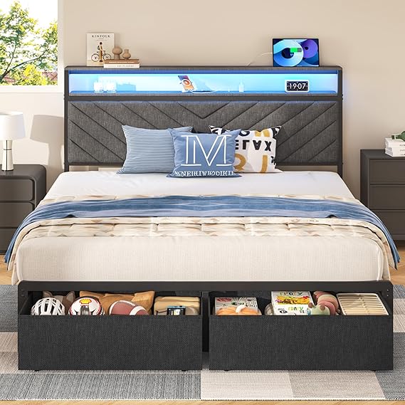 LED Storage Platform Bed with Charging Station & Upholstered Headboard