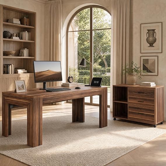 63" L-Shaped Office Desk with Drawers, Shelves & Rolling File Cabinet