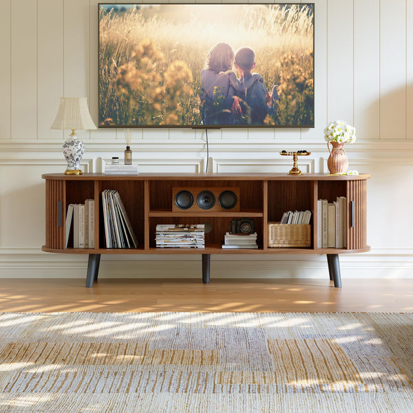 Mid-Century Modern TV Stand with Fluted Sliding Doors