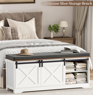Farmhouse Shoe Bench with Cushion & Sliding Barn Doors