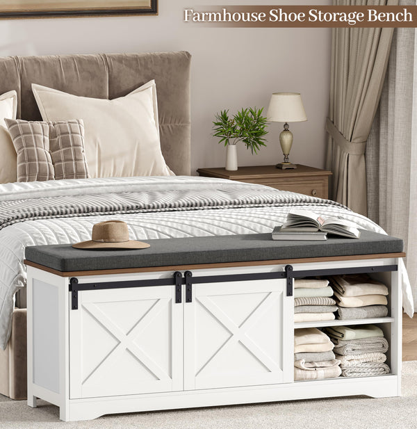 Farmhouse Shoe Bench with Cushion & Sliding Barn Doors