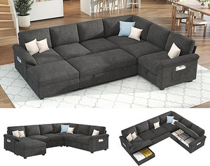 105" Sectional Sleeper Sofa with Pull-Out Bed & Reclining Backrest, 6-Seat Storage Couch