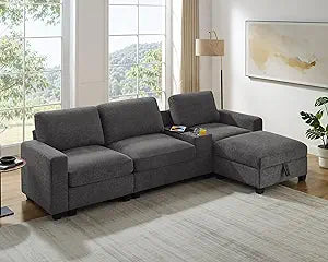 118" L-Shaped Sectional Sofa with Storage Ottoman & Charging Ports
