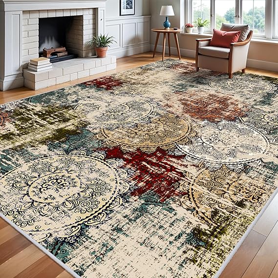 9x12 Abstract Area Rug – Washable, Non-Slip, Low Pile Polyester Carpet