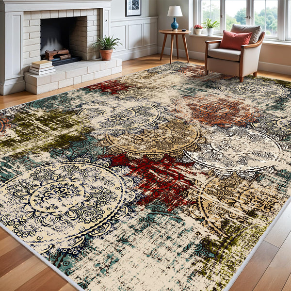 9x12 Abstract Area Rug – Washable, Non-Slip, Low Pile Polyester Carpet