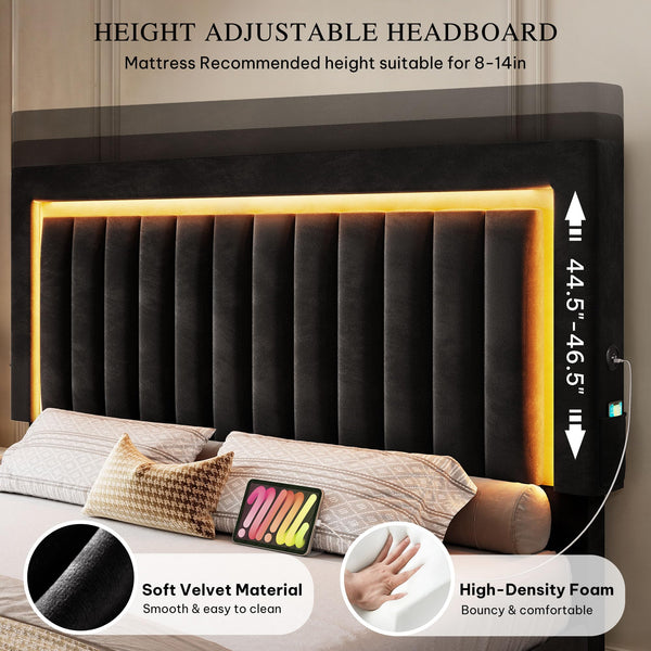 King Size Upholstered Bed Frame with Storage Drawers & RGB LED