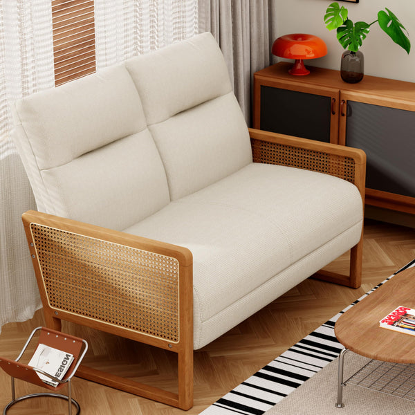 Linen Loveseat with Natural Rattan Arms & Oak Legs