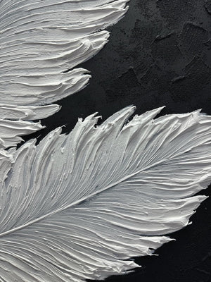 Hand-Painted Black & White Abstract Feather Oil Painting on Canvas – Framed & Ready to Hang