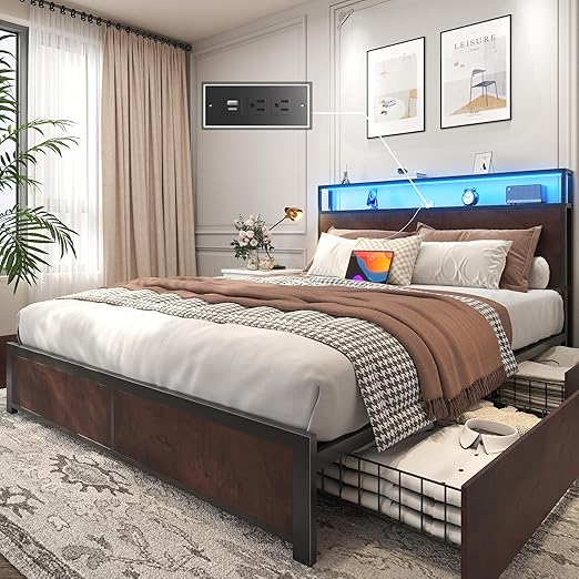 Metal Platform Bed Frame with Storage Headboard, Drawers & LED