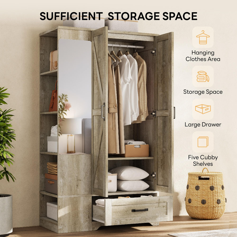 Armoire Wardrobe Closet with Mirror, 2 Doors, Drawer & Shelves – 70"
