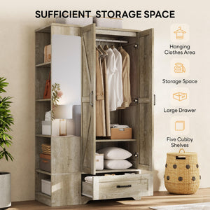 Armoire Wardrobe Closet with Mirror, 2 Doors, Drawer & Shelves – 70"