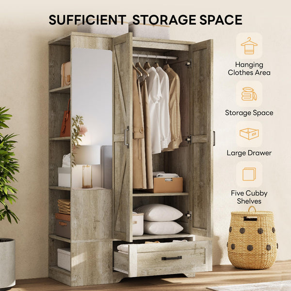 Armoire Wardrobe Closet with Mirror, 2 Doors, Drawer & Shelves – 70"
